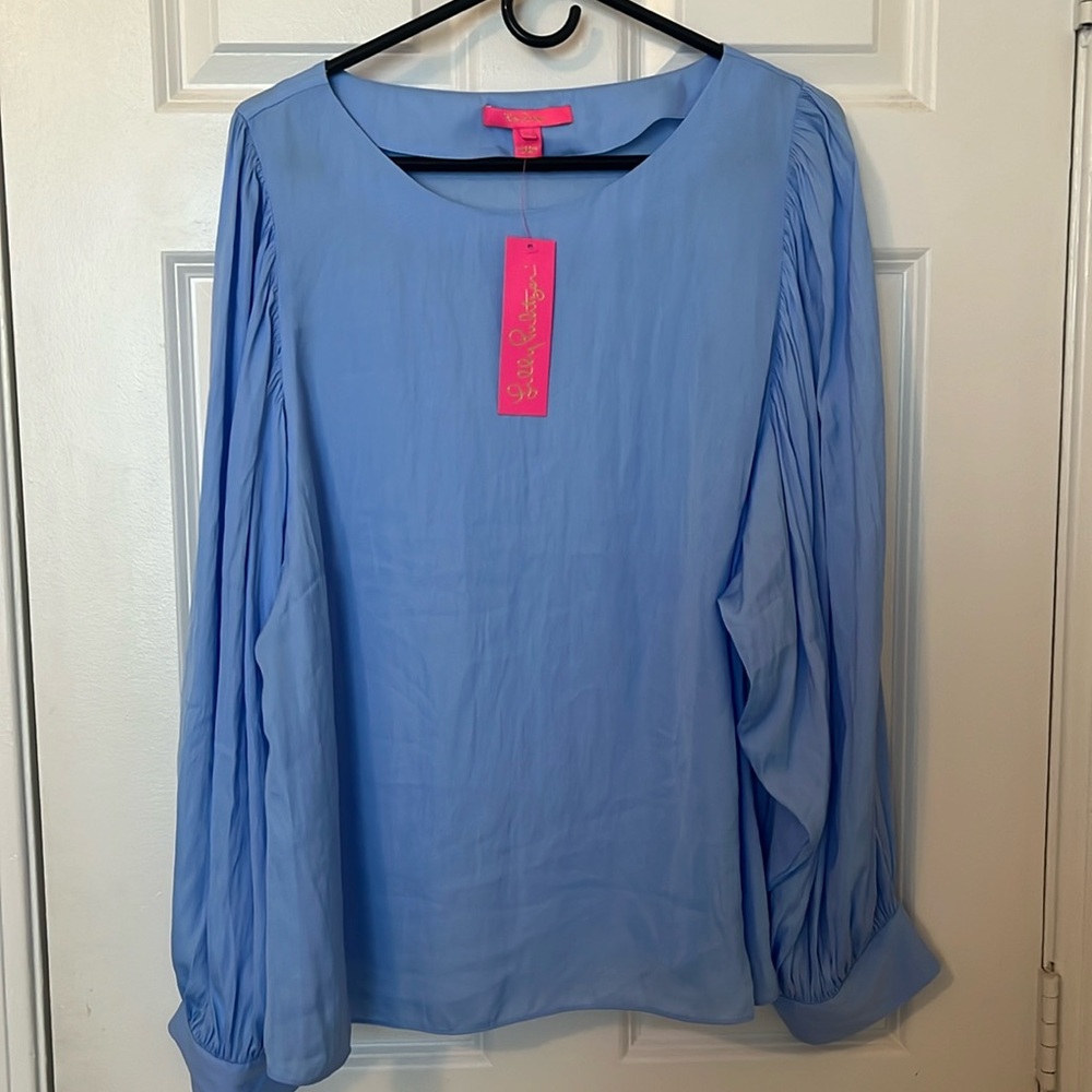 Lilly Pulitzer Maisel Blue Periwinkle Women XL Pleated Sleeve Blouse NWT